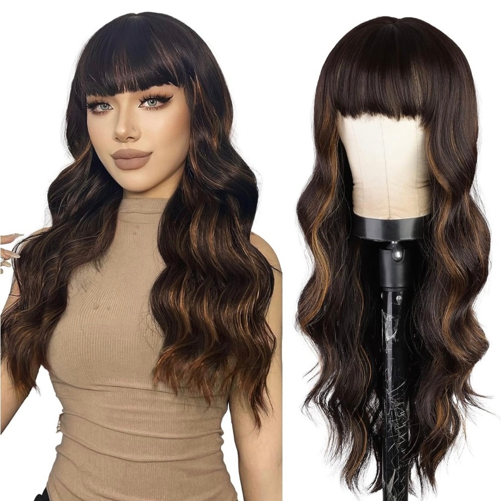 Human hair blend brown highlights blonde layered wig with bang.
